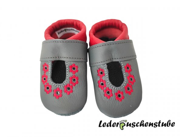 Lederpuschen Sommer anthrazit-rot, Spannband anthrazit und Blumen rot lederpuschenstube               